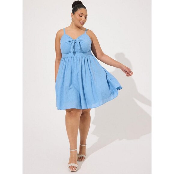 Torrid Mini Embroidered Challis Tie Front Eyelet Blissful Blue 4X Skater Dress - Picture 3 of 4